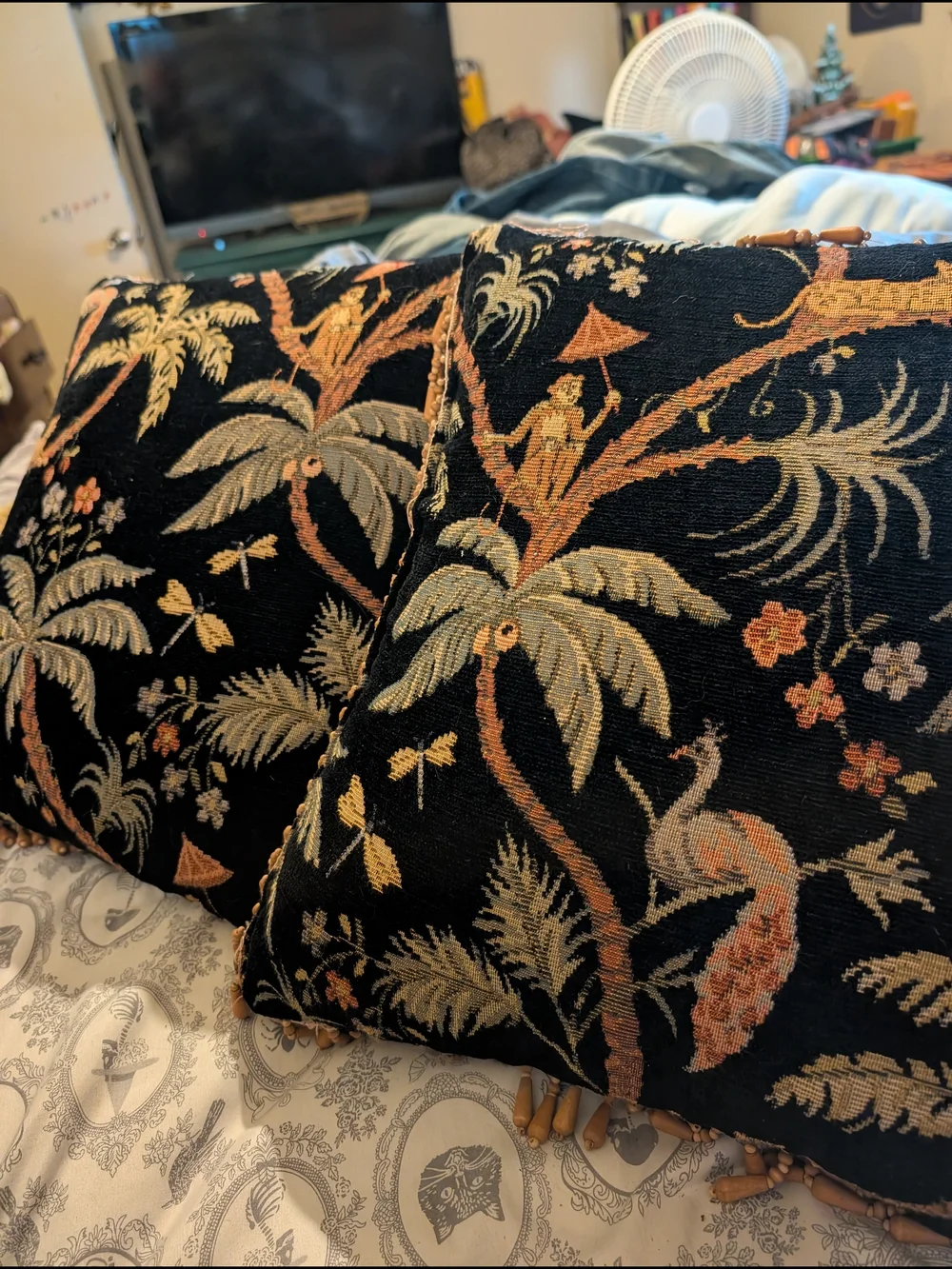 Vintage 90's Tapestry Pillows Woven Jacquard Wooden Beaded Trim Set Of 2